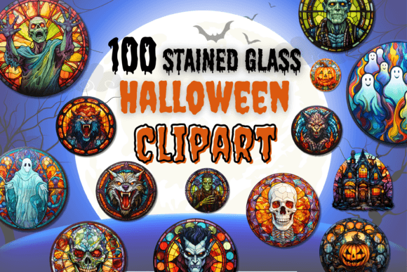 100 Stained Glass Halloween Clipart