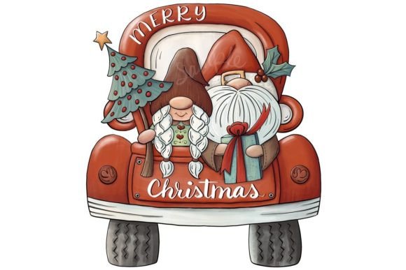 Christmas Gnome Couple in Old Truck Art