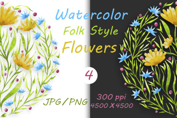 Flowers in Folk Style and Hand Drawn 04: Elevating Your Creative Projects with High-Resolution Digital Art