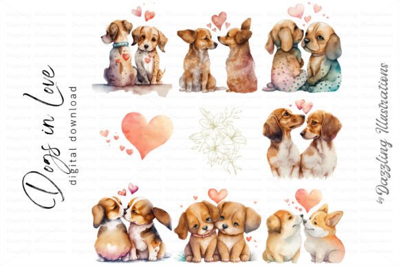 Watercolor Dog Puppies Love with Hearts: Elevating Digital Design with Whimsical Romance