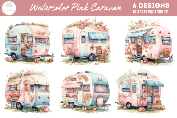 Watercolor Pink Caravan Camping Art